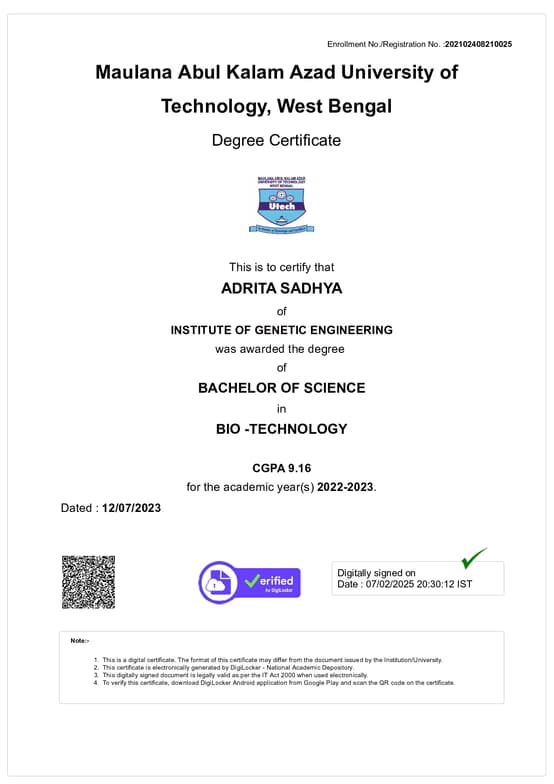 Verified degree or teaching certification of Adrita 