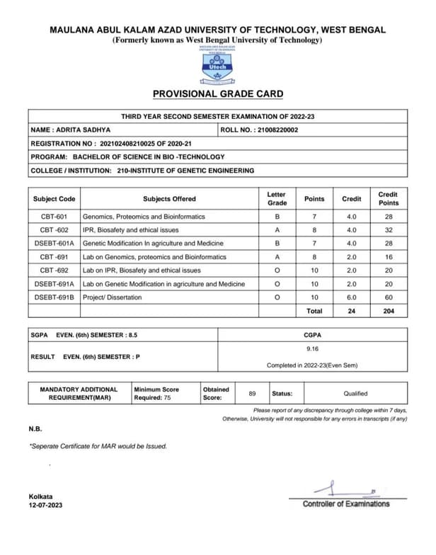 Verified degree or teaching certification of Adrita 