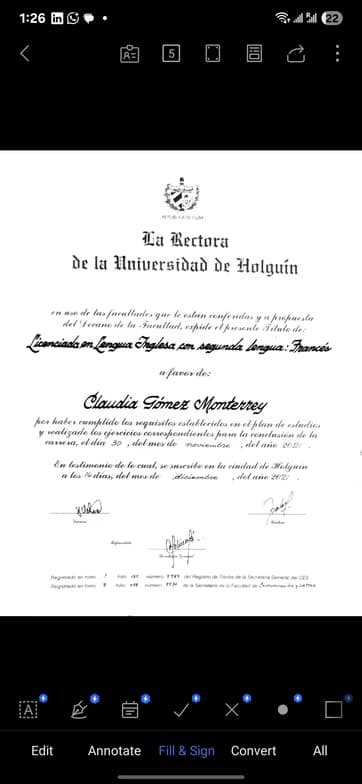 Verified degree or teaching certification of Claudia 