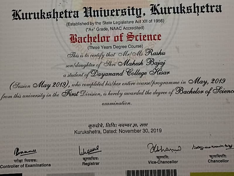 Verified degree or teaching certification of Rashu 