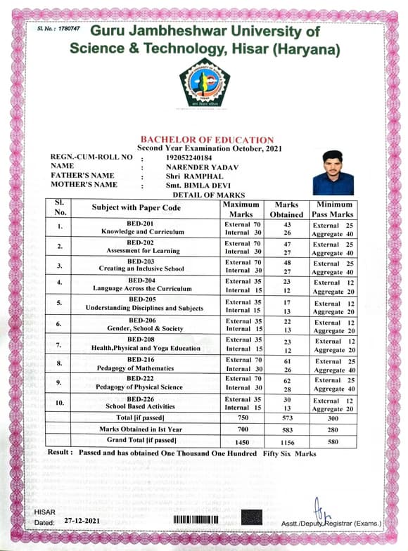 Verified degree or teaching certification of Narender