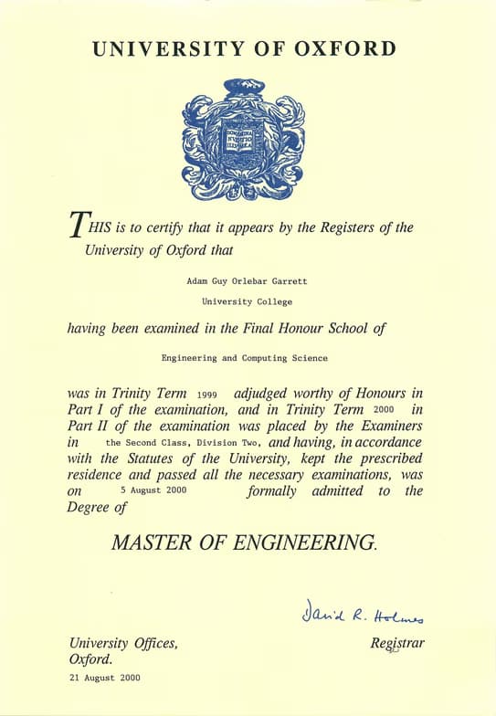 Verified degree or teaching certification of Adam 