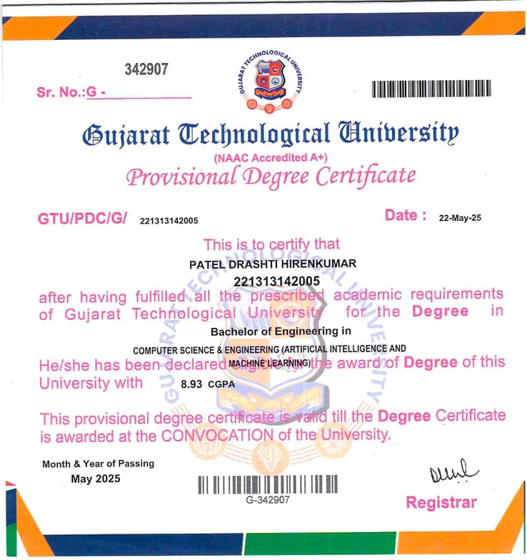 Verified degree or teaching certification of Drashti