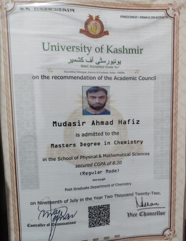 Verified degree or teaching certification of Mudasir Ahmad 