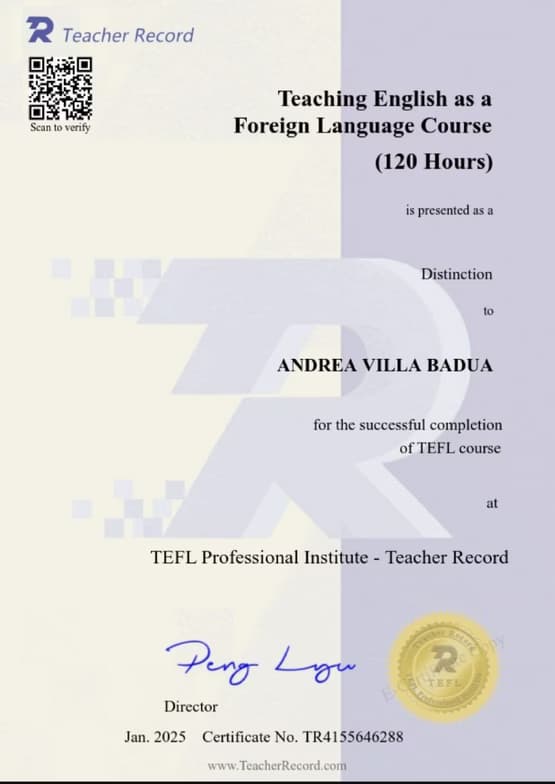 Verified degree or teaching certification of Andrea 