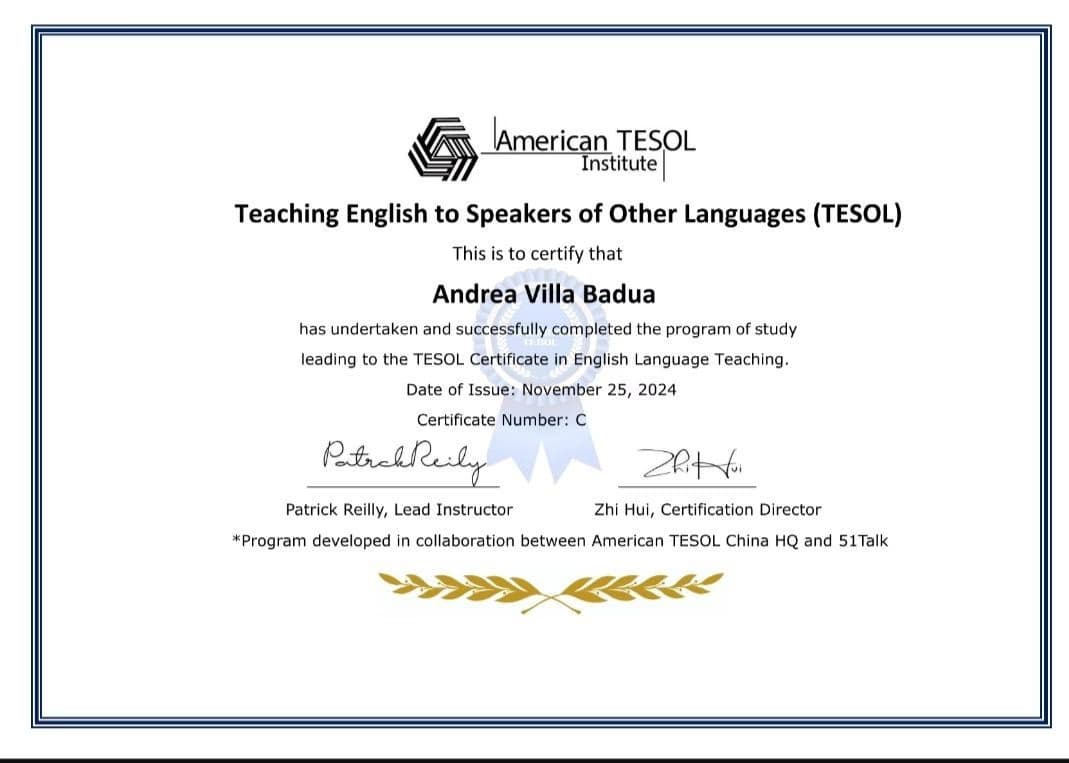 Verified degree or teaching certification of Andrea 
