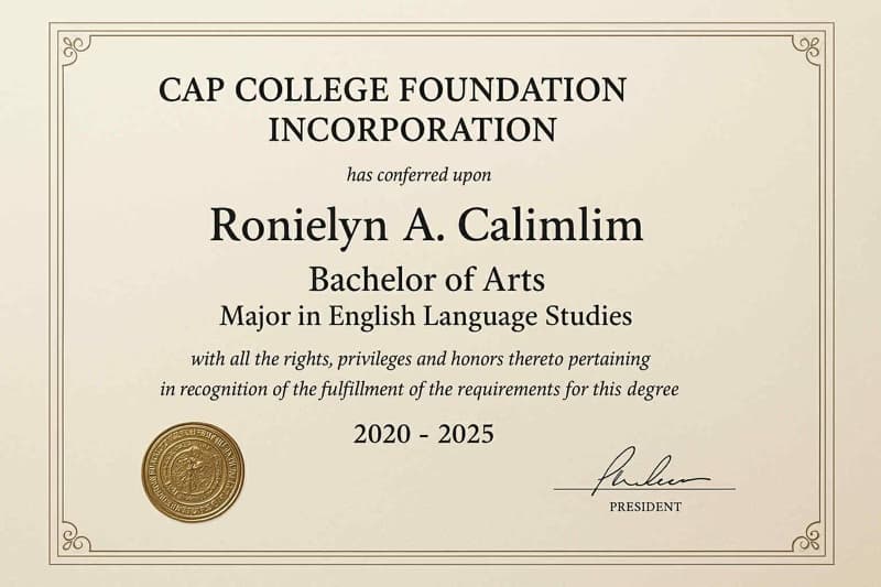Verified degree or teaching certification of Ronielyn