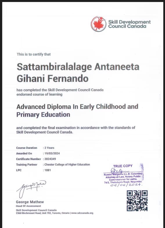 Verified degree or teaching certification of Antaneeta  