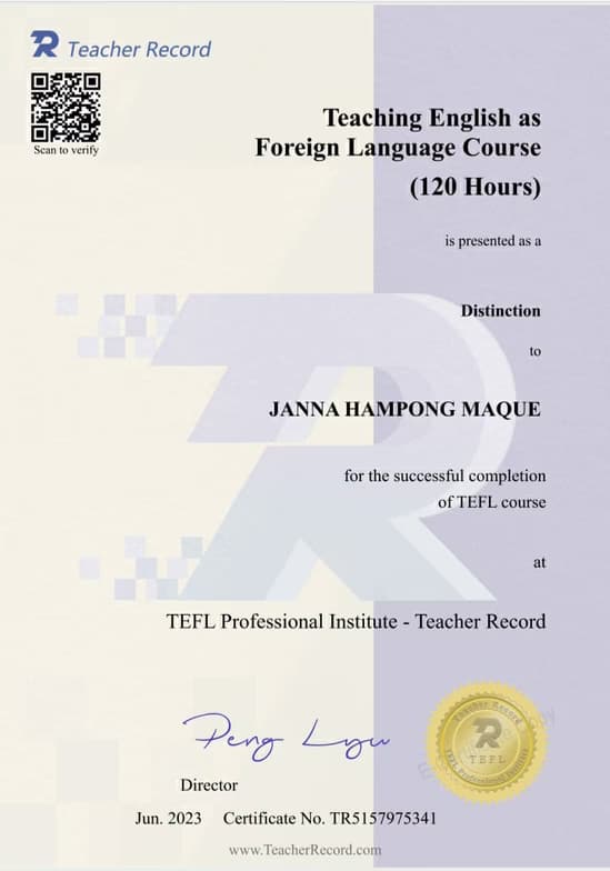 Verified degree or teaching certification of Janna 
