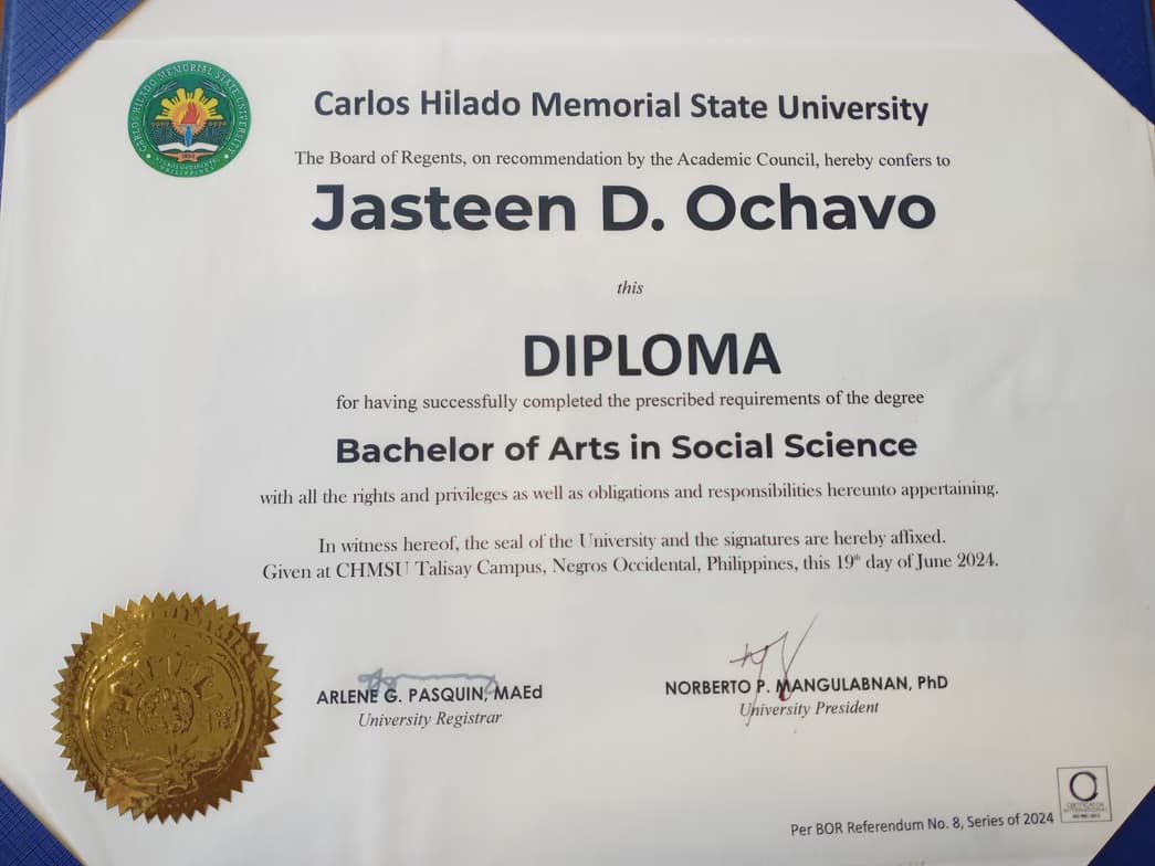 Verified degree or teaching certification of Jasteen 