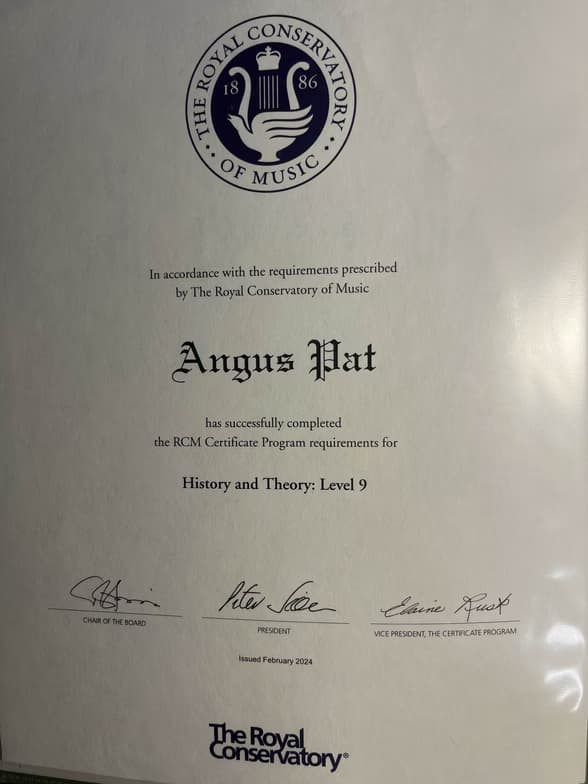 Verified degree or teaching certification of Angus 