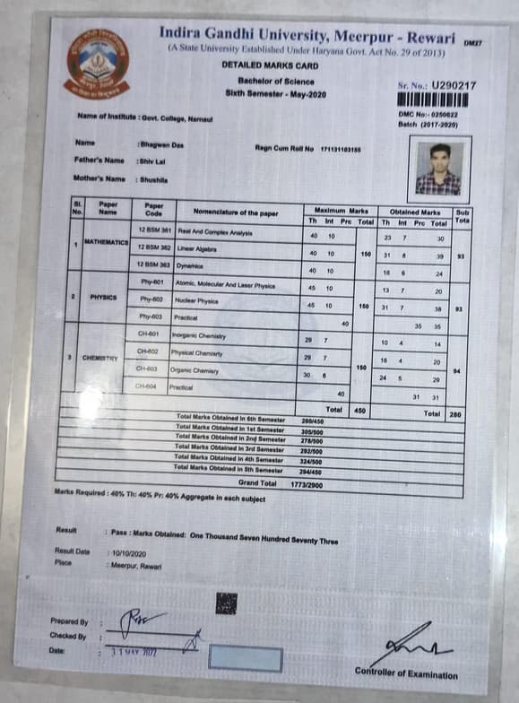 Verified degree or teaching certification of Bhagwan  