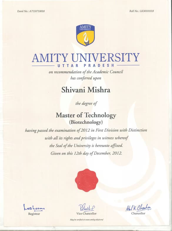 Verified degree or teaching certification of Shivani 