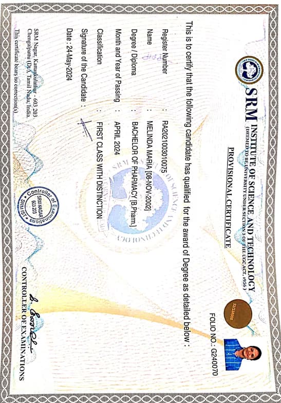 Verified degree or teaching certification of melinda