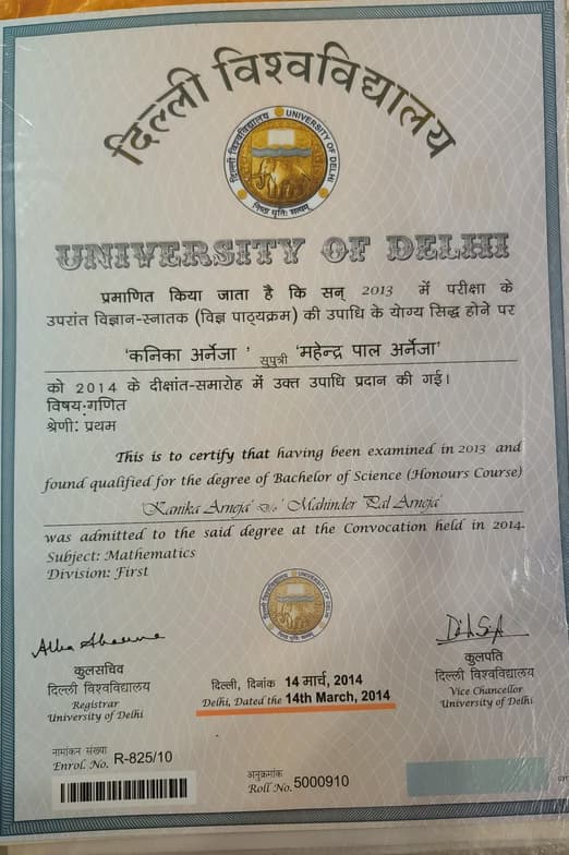 Verified degree or teaching certification of kanika  