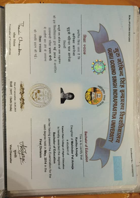 Verified degree or teaching certification of kanika  