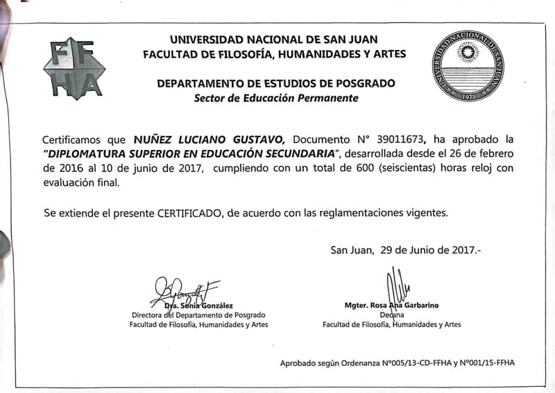 Verified degree or teaching certification of Luciano 