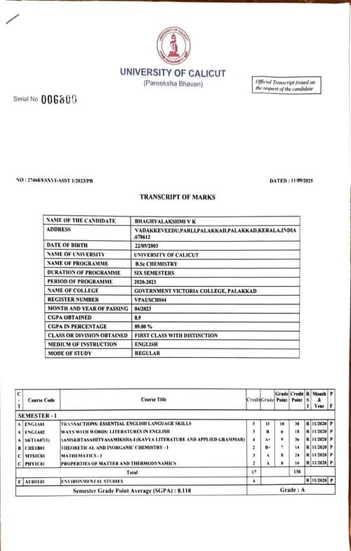 Verified degree or teaching certification of Bhaghyalakshmi  