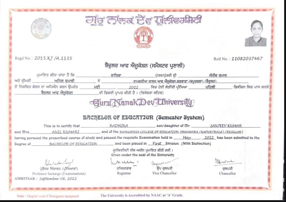 Verified degree or teaching certification of Radhika 