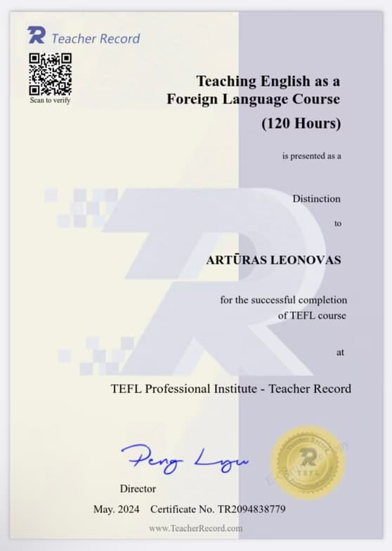 Verified degree or teaching certification of Arturas