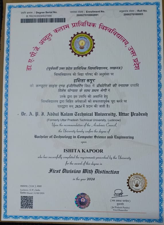 Verified degree or teaching certification of Ishita 