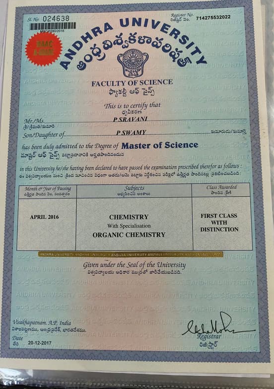 Verified degree or teaching certification of Sravani  