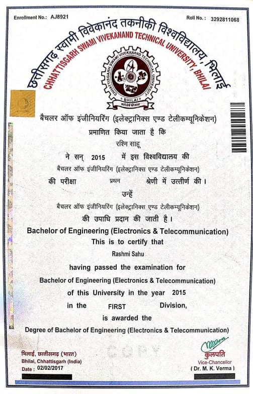 Verified degree or teaching certification of Rashmi