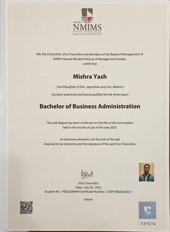 Verified degree or teaching certification of Yash