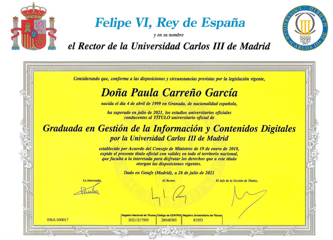 Verified degree or teaching certification of Paula 