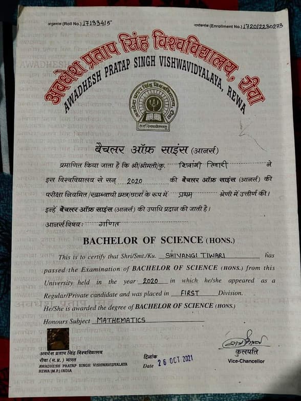 Verified degree or teaching certification of Shivangi  