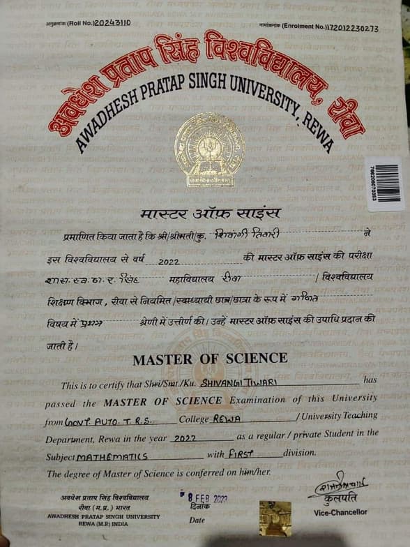 Verified degree or teaching certification of Shivangi  