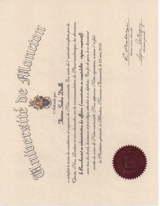 Verified degree or teaching certification of Thierno  