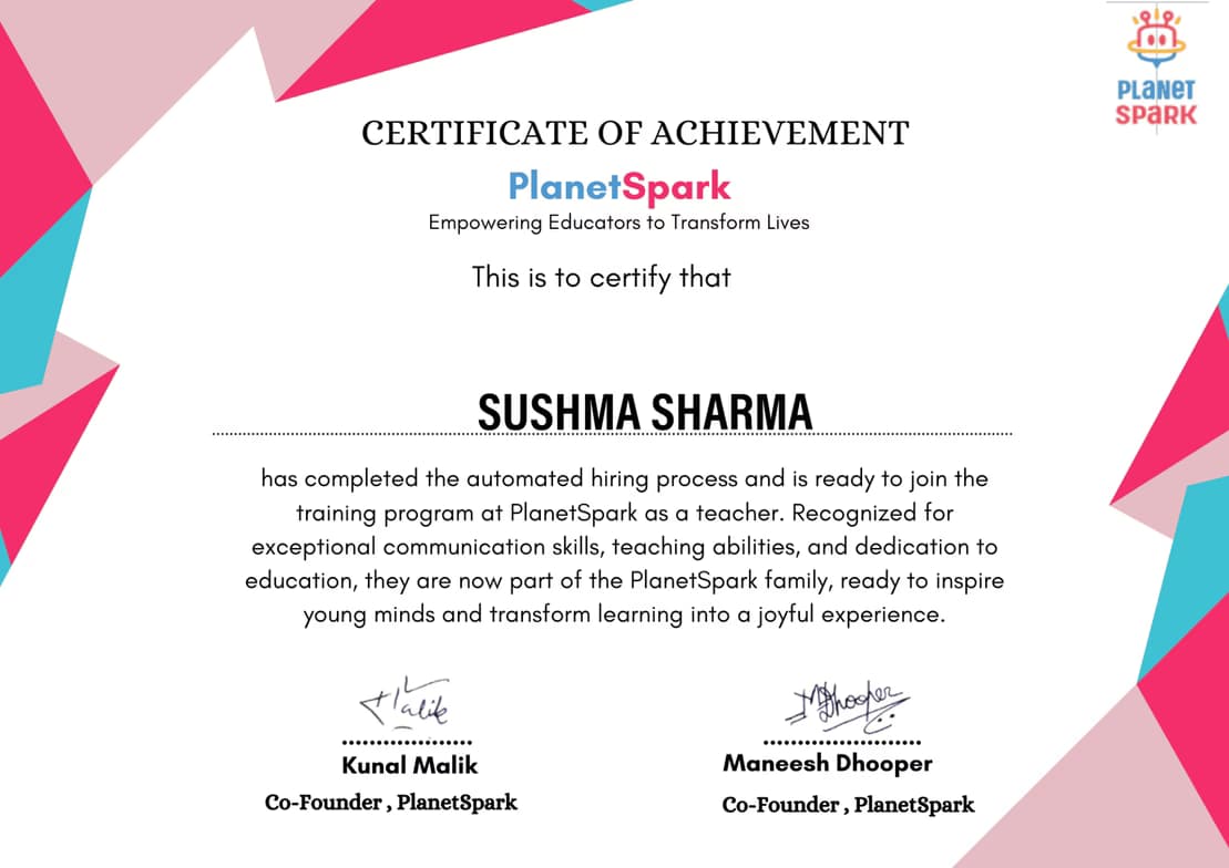 Verified degree or teaching certification of Sushma  