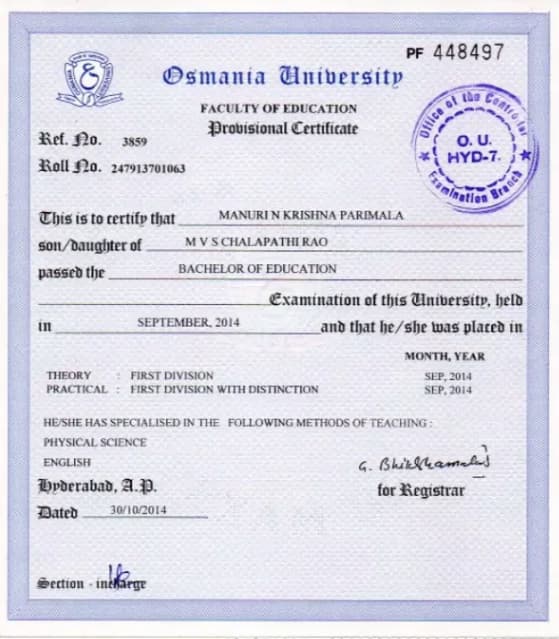 Verified degree or teaching certification of Parimala  