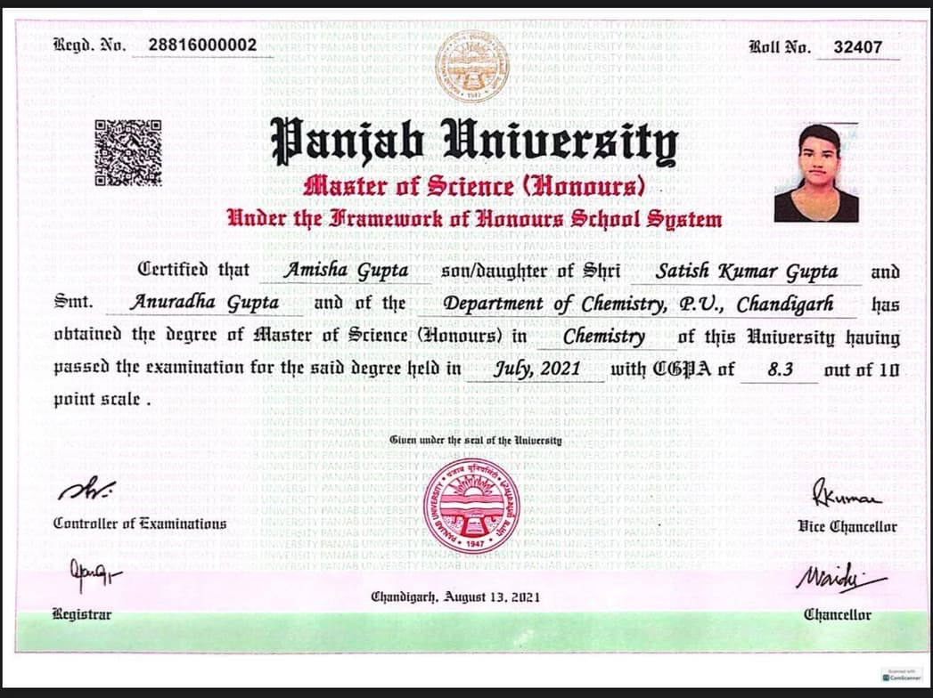 Verified degree or teaching certification of Amisha 