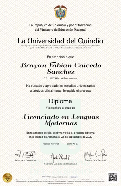 Verified degree or teaching certification of Brayan 