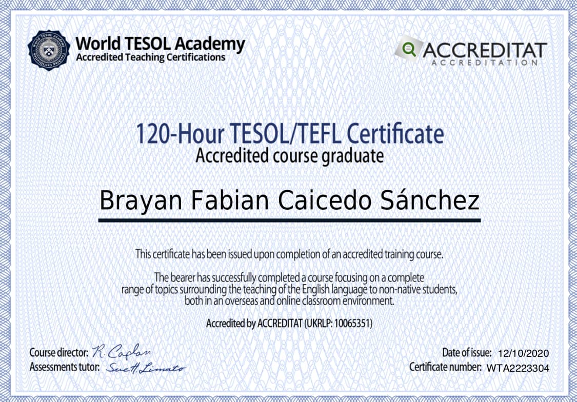 Verified degree or teaching certification of Brayan 