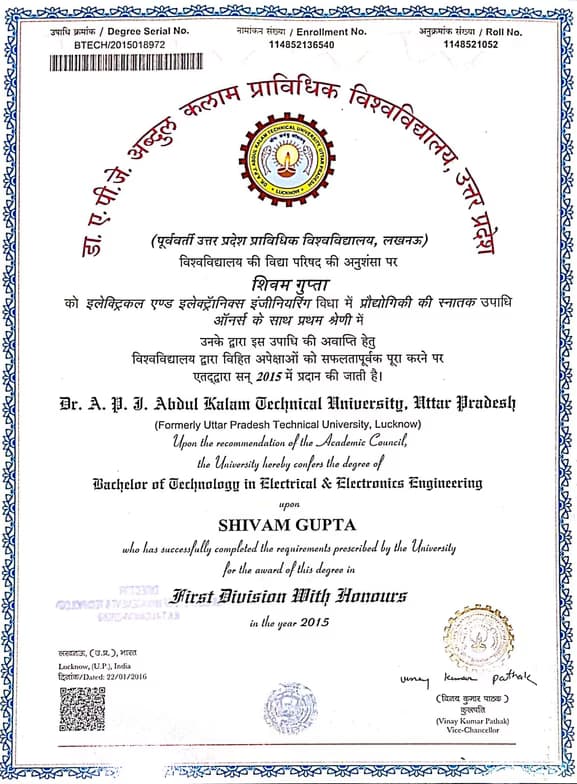 Verified degree or teaching certification of Shivam 