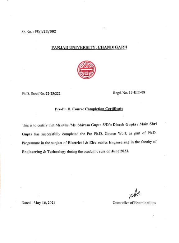 Verified degree or teaching certification of Shivam 