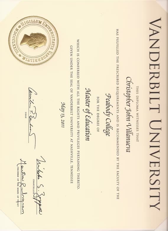 Verified degree or teaching certification of Christopher 
