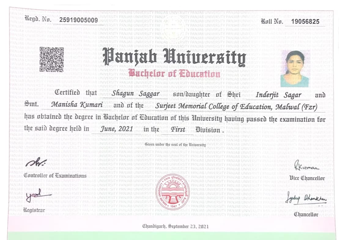 Verified degree or teaching certification of Shagun 