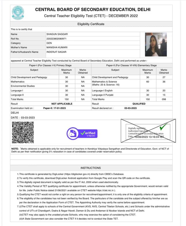 Verified degree or teaching certification of Shagun 