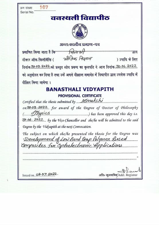 Verified degree or teaching certification of Dr. Minakshi 