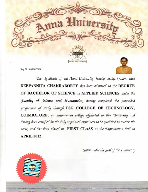 Verified degree or teaching certification of Deepannita