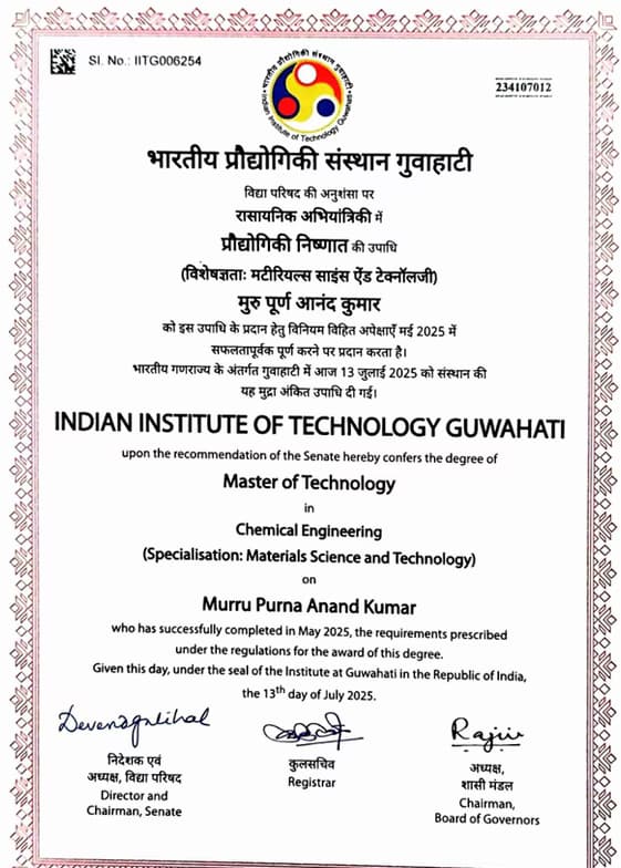 Verified degree or teaching certification of Purna Anand Kumar 