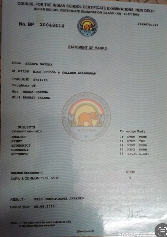 Verified degree or teaching certification of SHREYA 