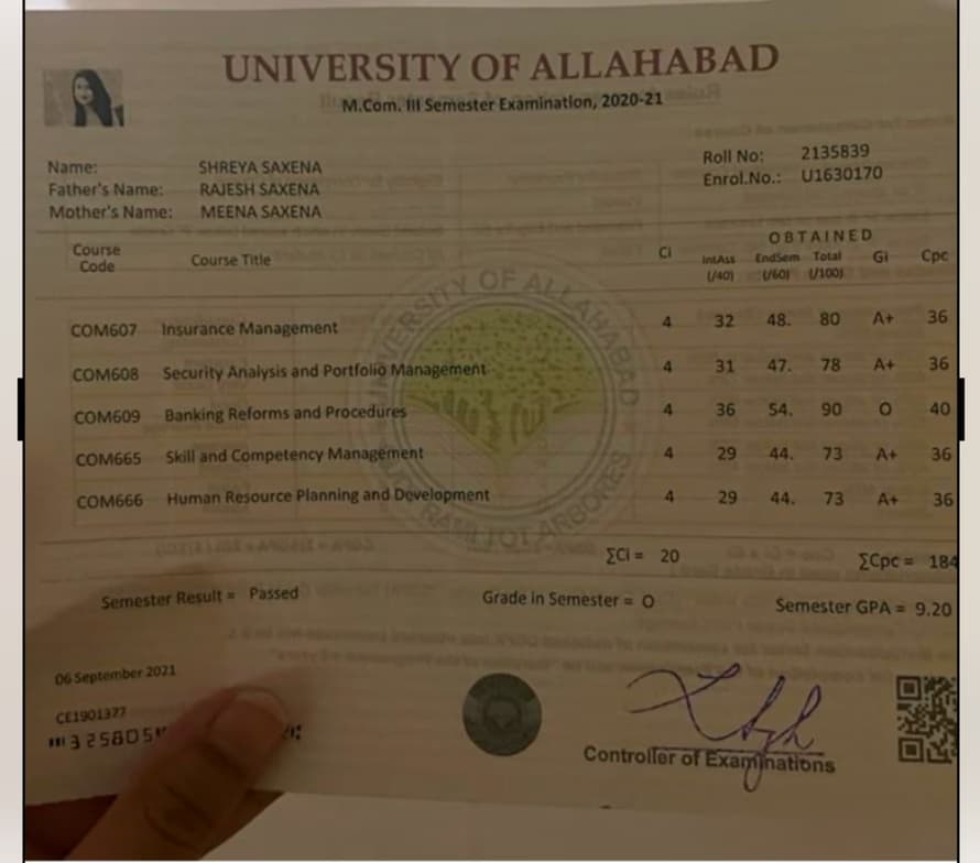 Verified degree or teaching certification of SHREYA 