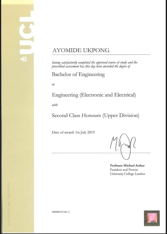 Verified degree or teaching certification of Ayo