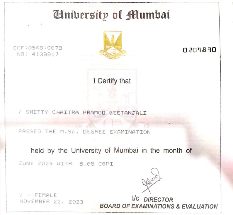 Verified degree or teaching certification of Chaitra  