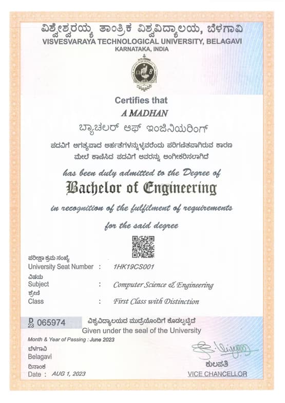 Verified degree or teaching certification of Madhan 